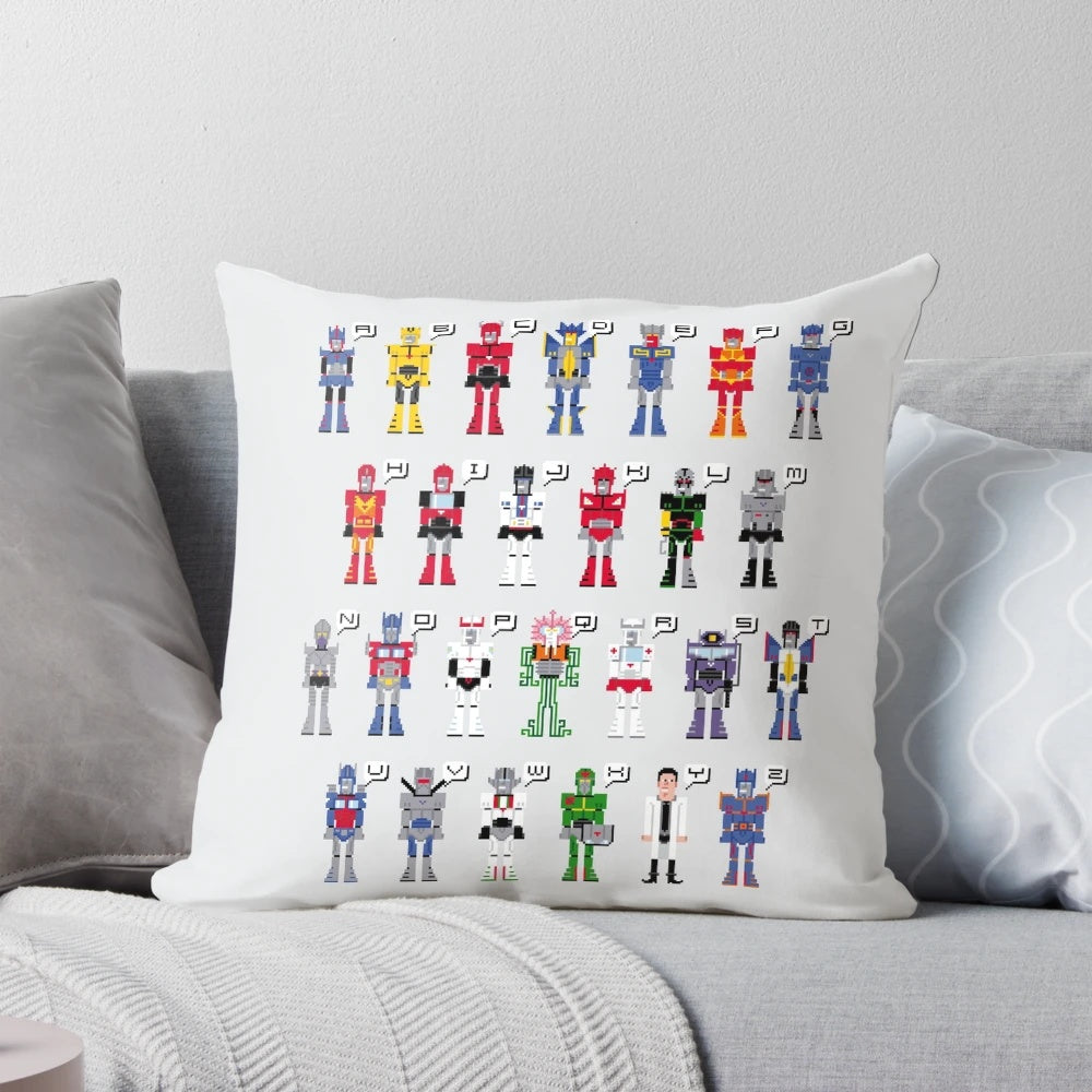 Transformers-themed alphabet pillow with pixel art design