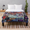 Transformers-inspired plush blanket featuring characters and symbols from the cartoon and movie