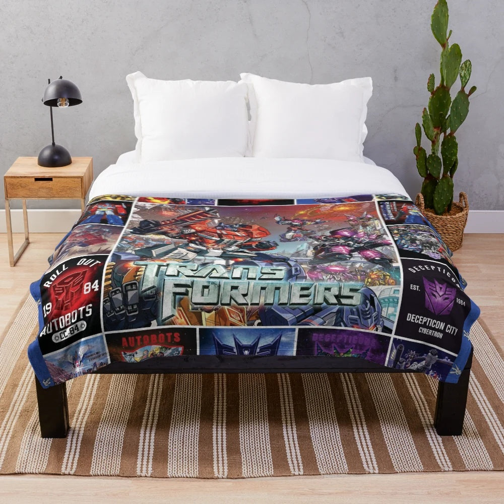 Transformers-inspired plush blanket featuring characters and symbols from the cartoon and movie