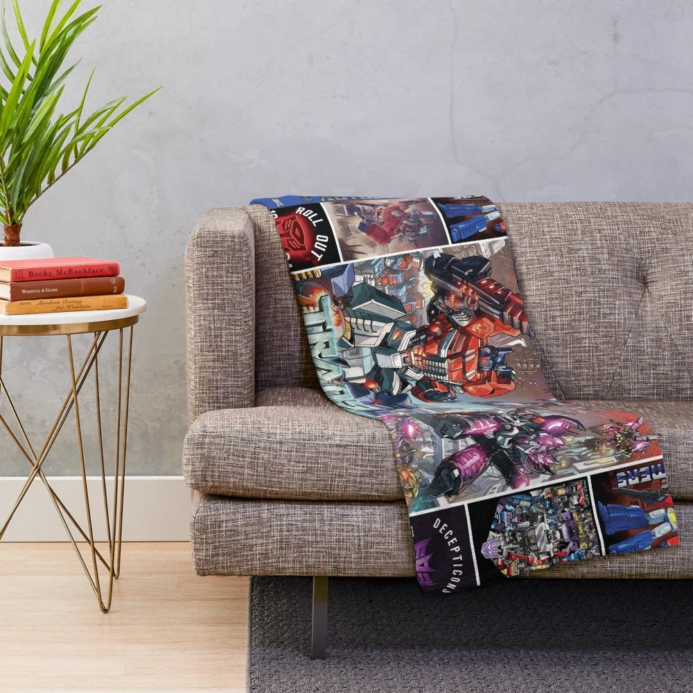 Transformers-inspired plush blanket featuring characters and symbols from the cartoon and movie