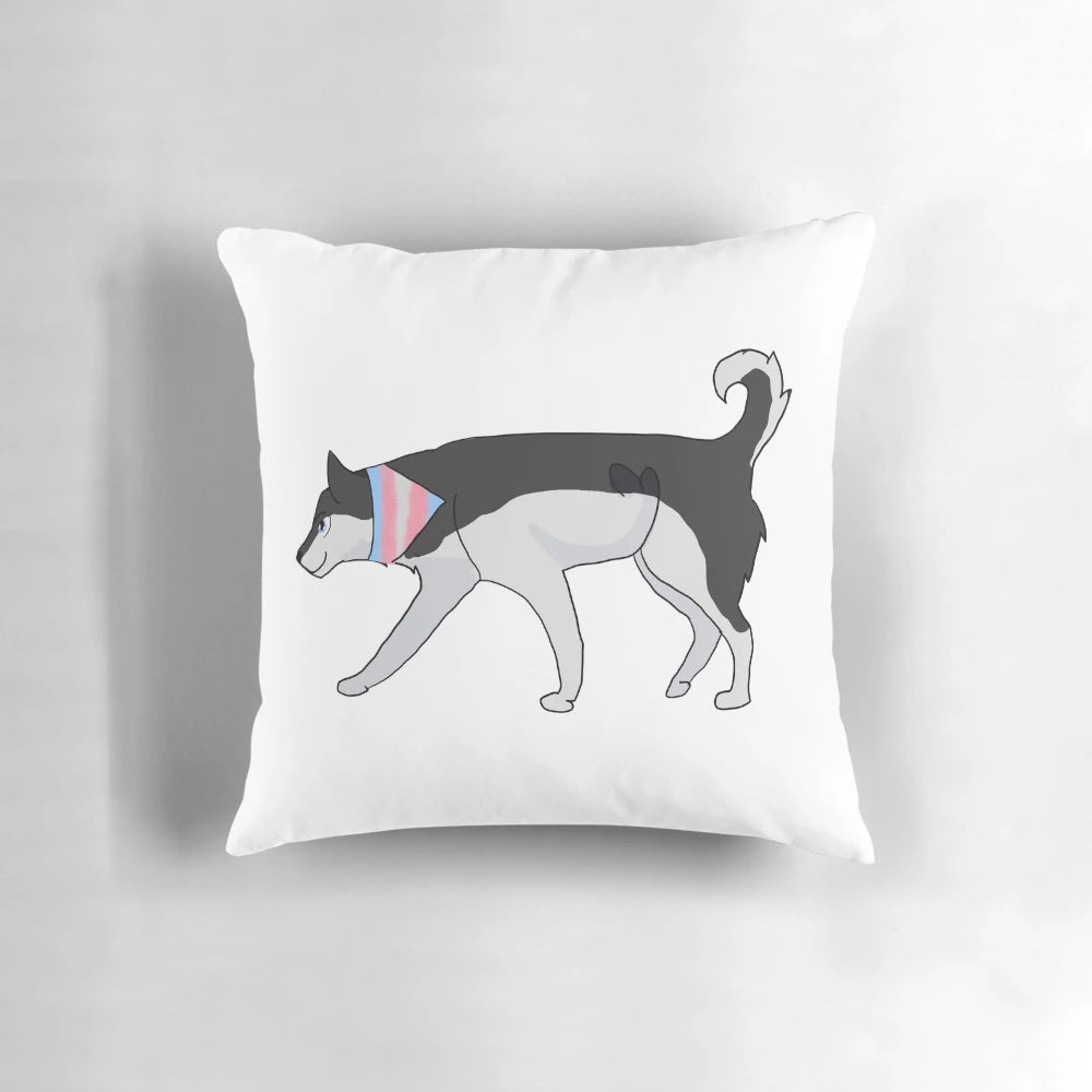 Soft, cozy pillow featuring a cute transgender husky design in pastel colors.