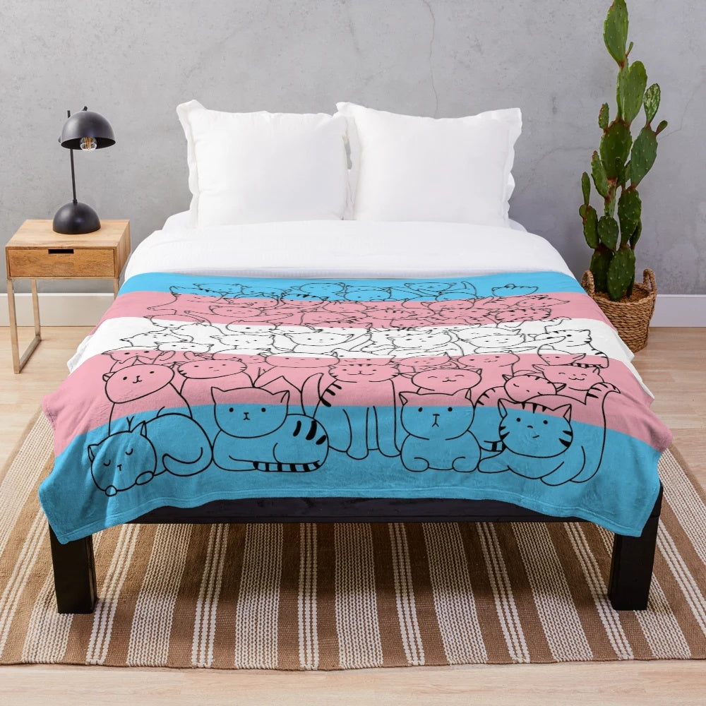 Transgender Pride Cat Plush Blanket with Colorful LGBTQ+ Design