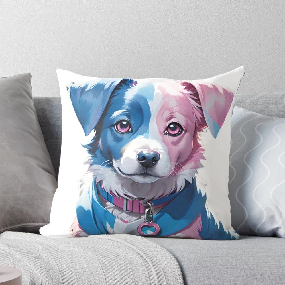 Colorful transgender pride flag dog pillow with text "Trans Dog