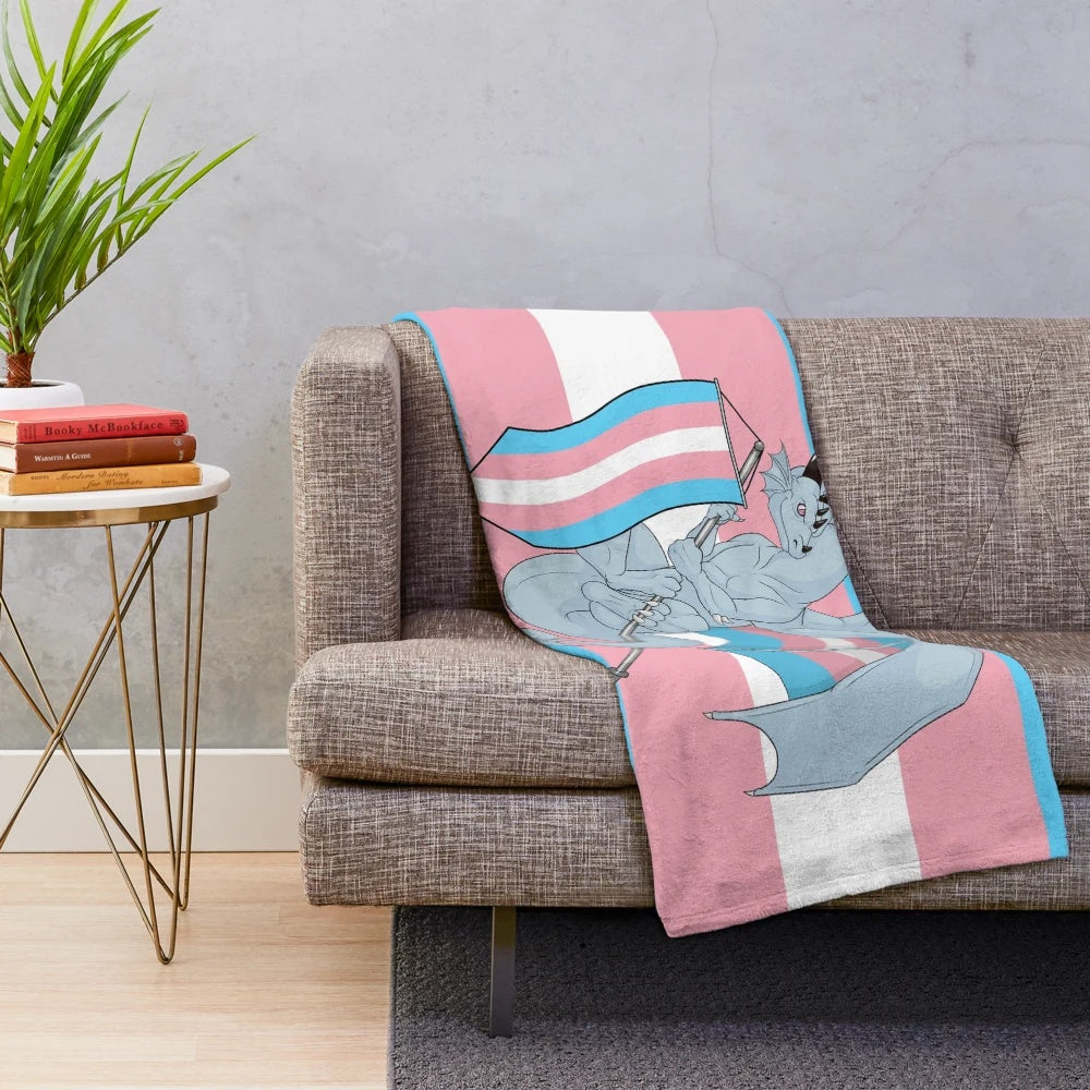 Transgender pride flag plush blanket with dragon design