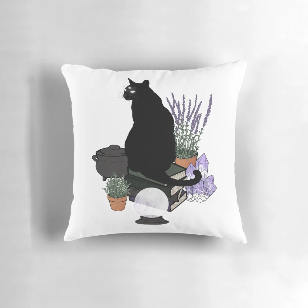 A transparent, cat-themed pillow featuring a crystal ball and other mystical elements, perfect for witchcraft and feline-inspired home decor.