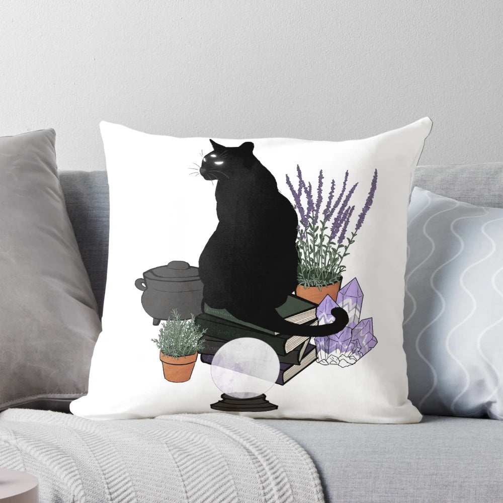 A transparent, cat-themed pillow featuring a crystal ball and other mystical elements, perfect for witchcraft and feline-inspired home decor.