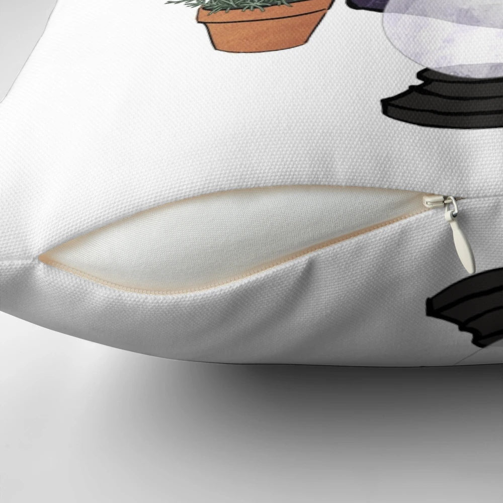 A transparent, cat-themed pillow featuring a crystal ball and other mystical elements, perfect for witchcraft and feline-inspired home decor.