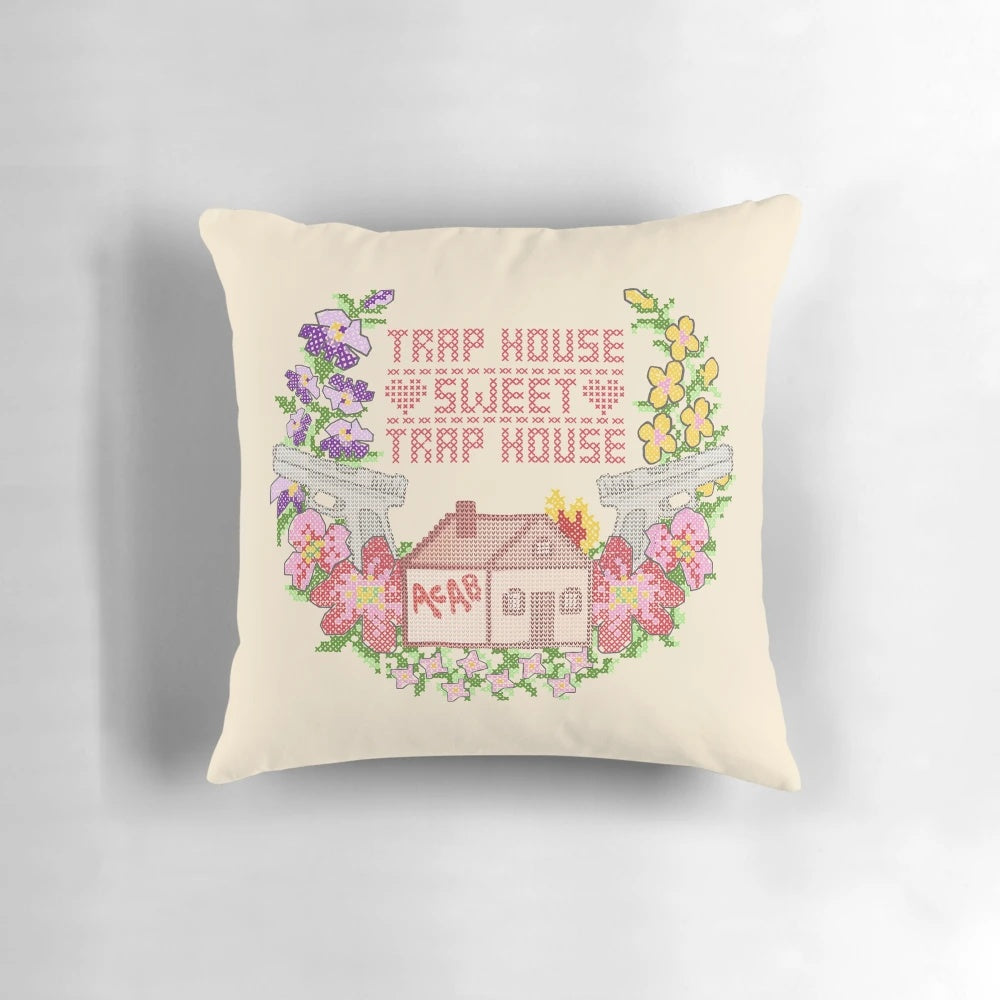 Trap house, sweet trap house embroidered decorative pillow featuring hip hop and gangsta rap inspired design