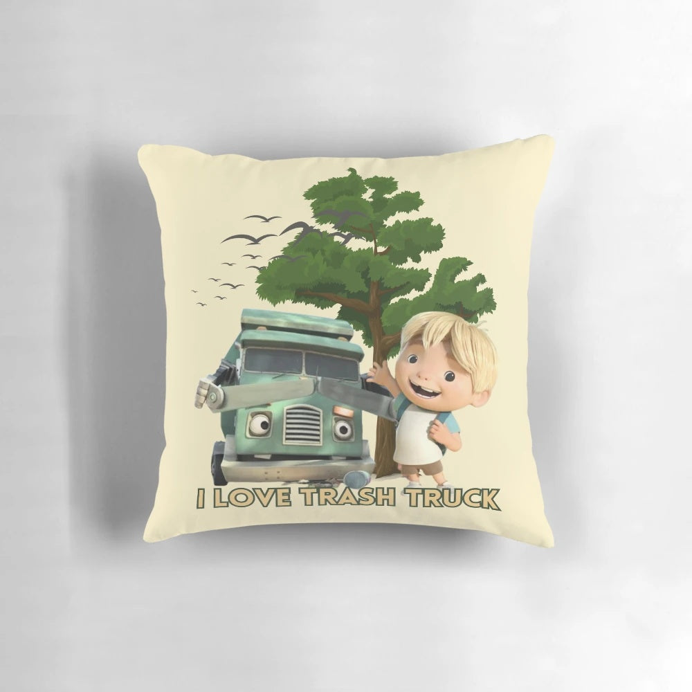 A plush pillow featuring the characters from the popular Netflix animated series "Trash Truck".