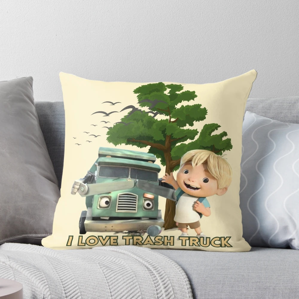 A plush pillow featuring the characters from the popular Netflix animated series "Trash Truck".