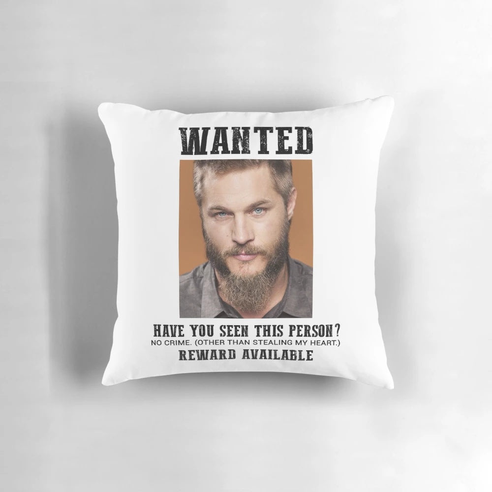 Decorative throw pillow featuring actor Travis Fimmel as Ragnar Lothbrok from the TV series Vikings