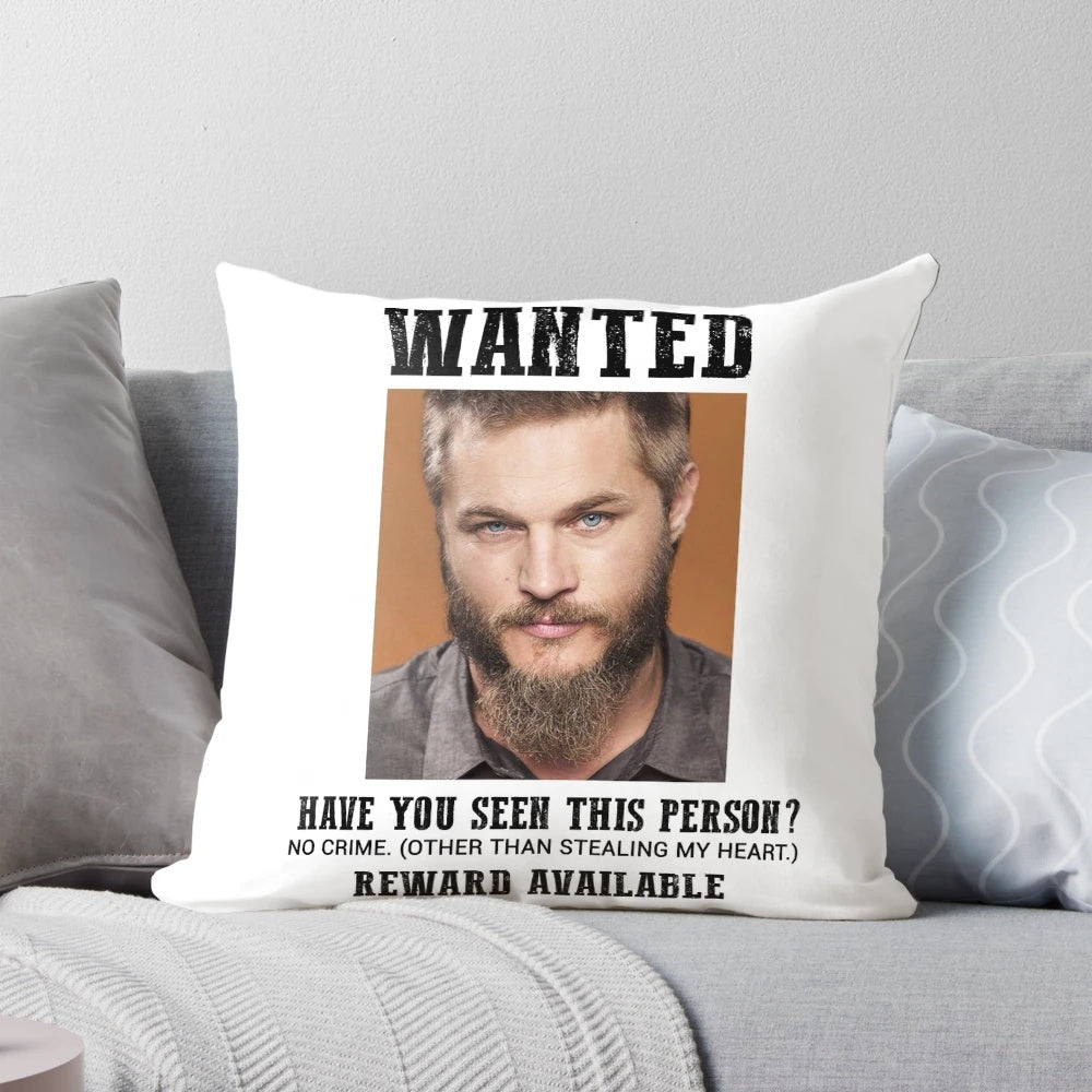 Decorative throw pillow featuring actor Travis Fimmel as Ragnar Lothbrok from the TV series Vikings