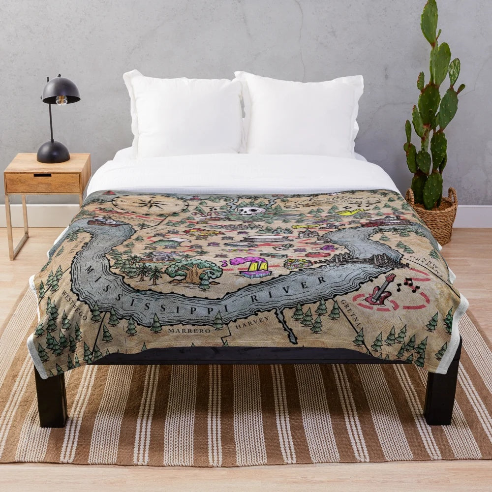 New Orleans themed plush blanket with a treasure map design