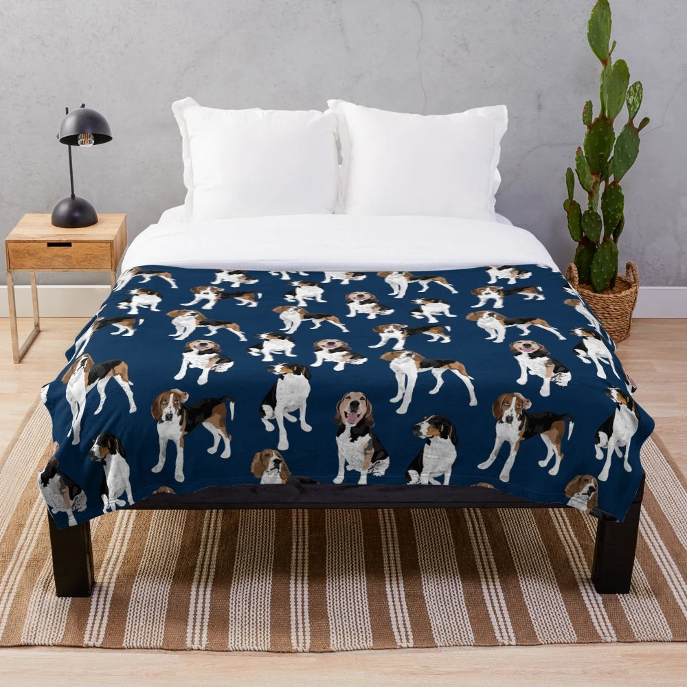 Treeing Walker Coonhound on navy plush blanket