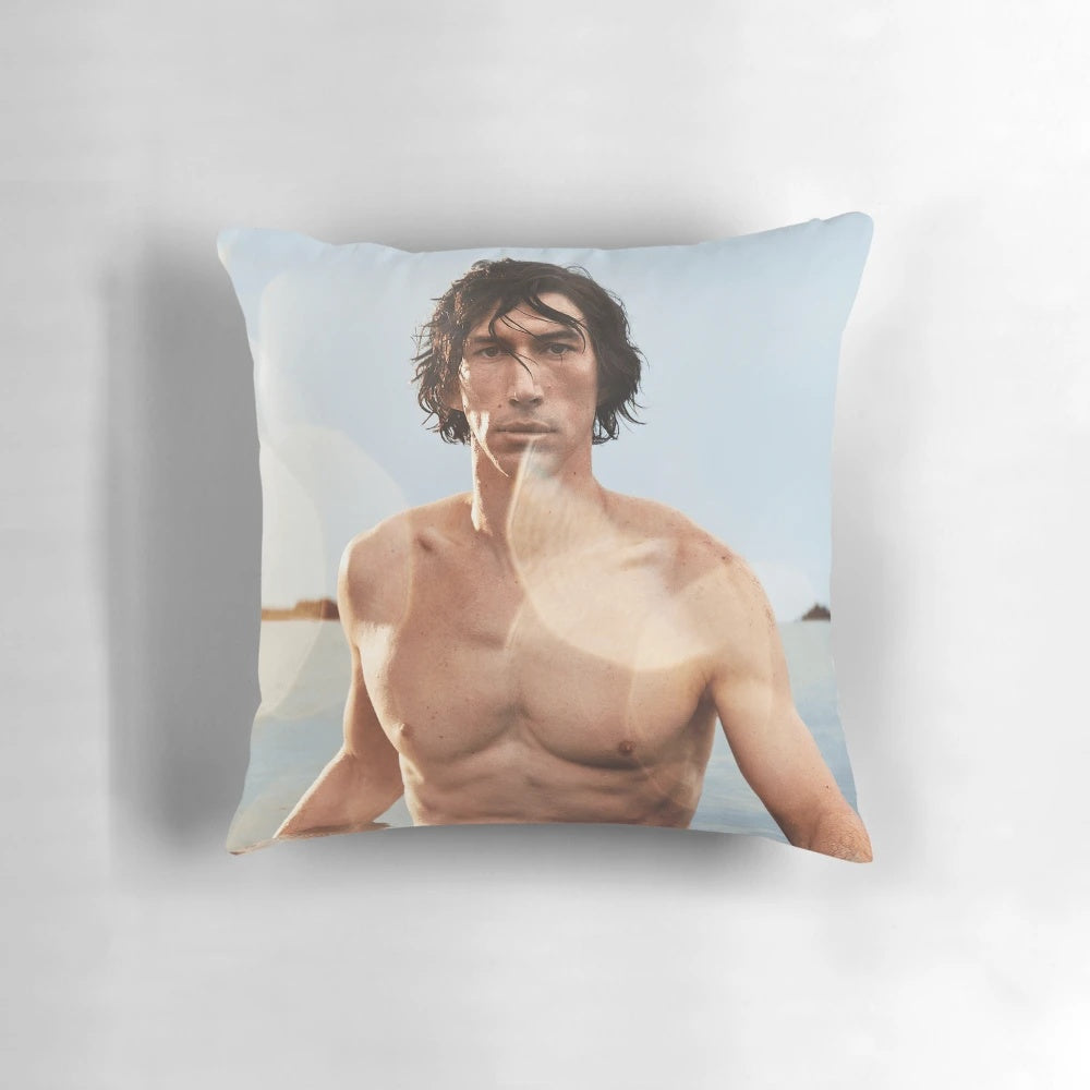 Shirtless image of actor Adam Driver printed on a soft, plush pillow