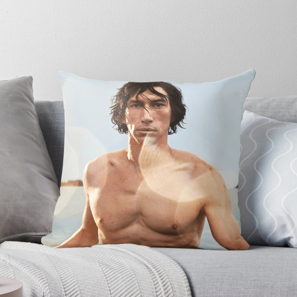 Shirtless image of actor Adam Driver printed on a soft, plush pillow