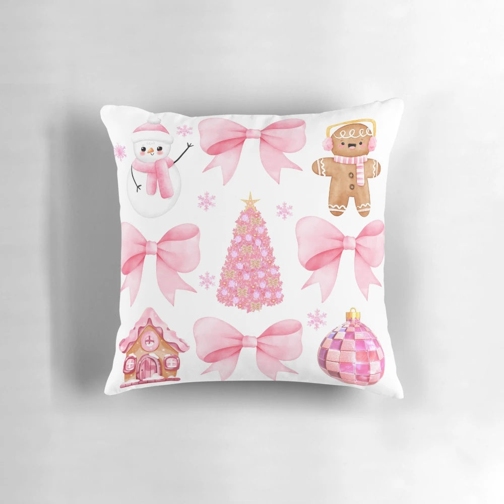 Stylish pink and glitter Christmas coquette throw pillow for festive holiday home decor