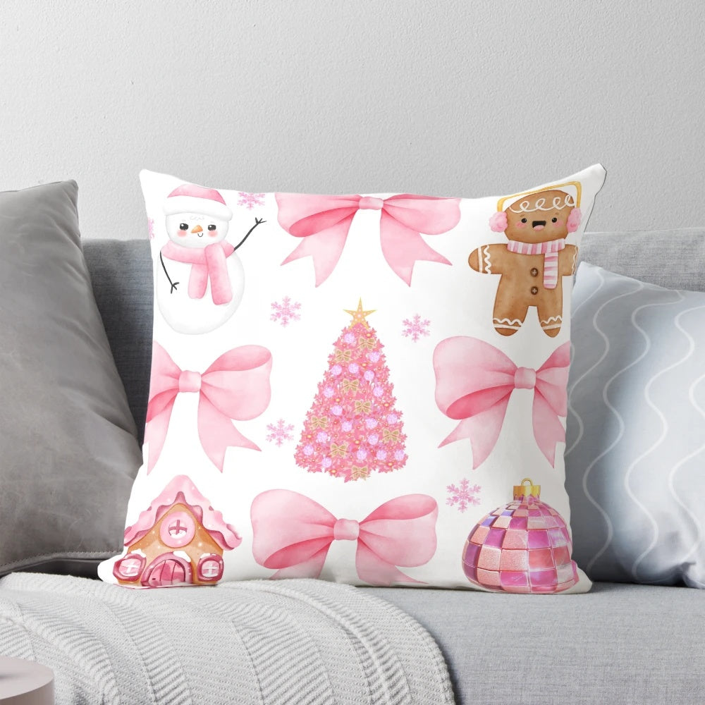 Stylish pink and glitter Christmas coquette throw pillow for festive holiday home decor