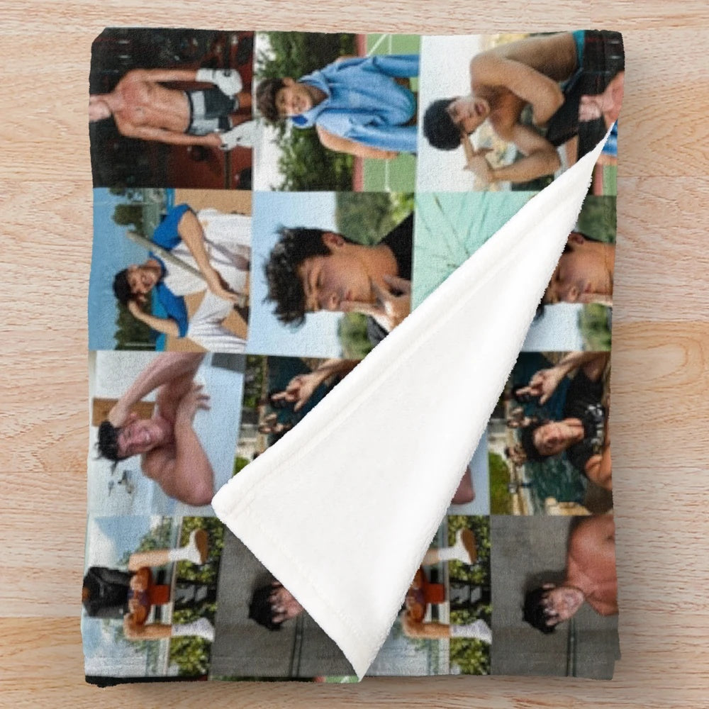 Gray plush blanket with collage design featuring TikTok star Blake Gray