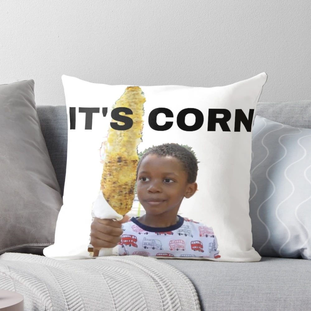 A cozy and playful 'It's Corn' themed pillow, perfect for adding a touch of meme-inspired style to any room.