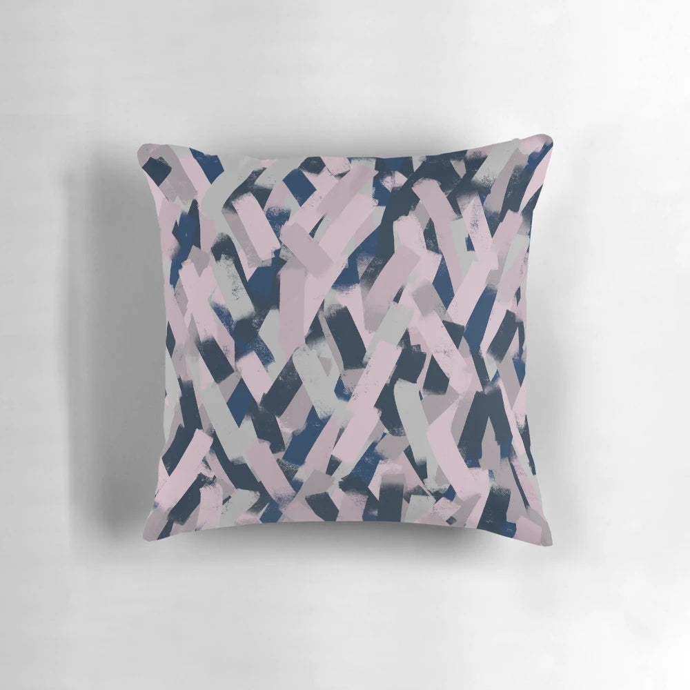Navy blue, grey and pink brushstroke pattern decorative throw pillow