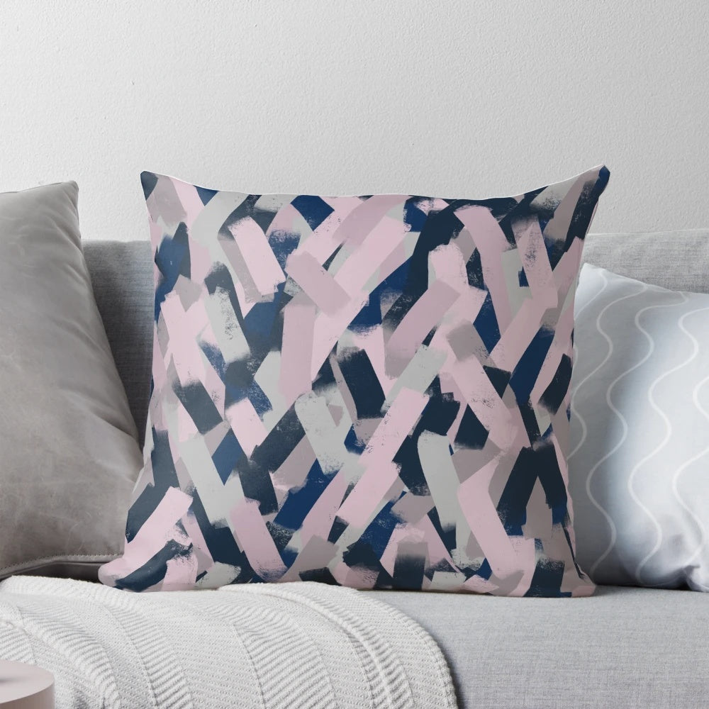 Navy blue, grey and pink brushstroke pattern decorative throw pillow