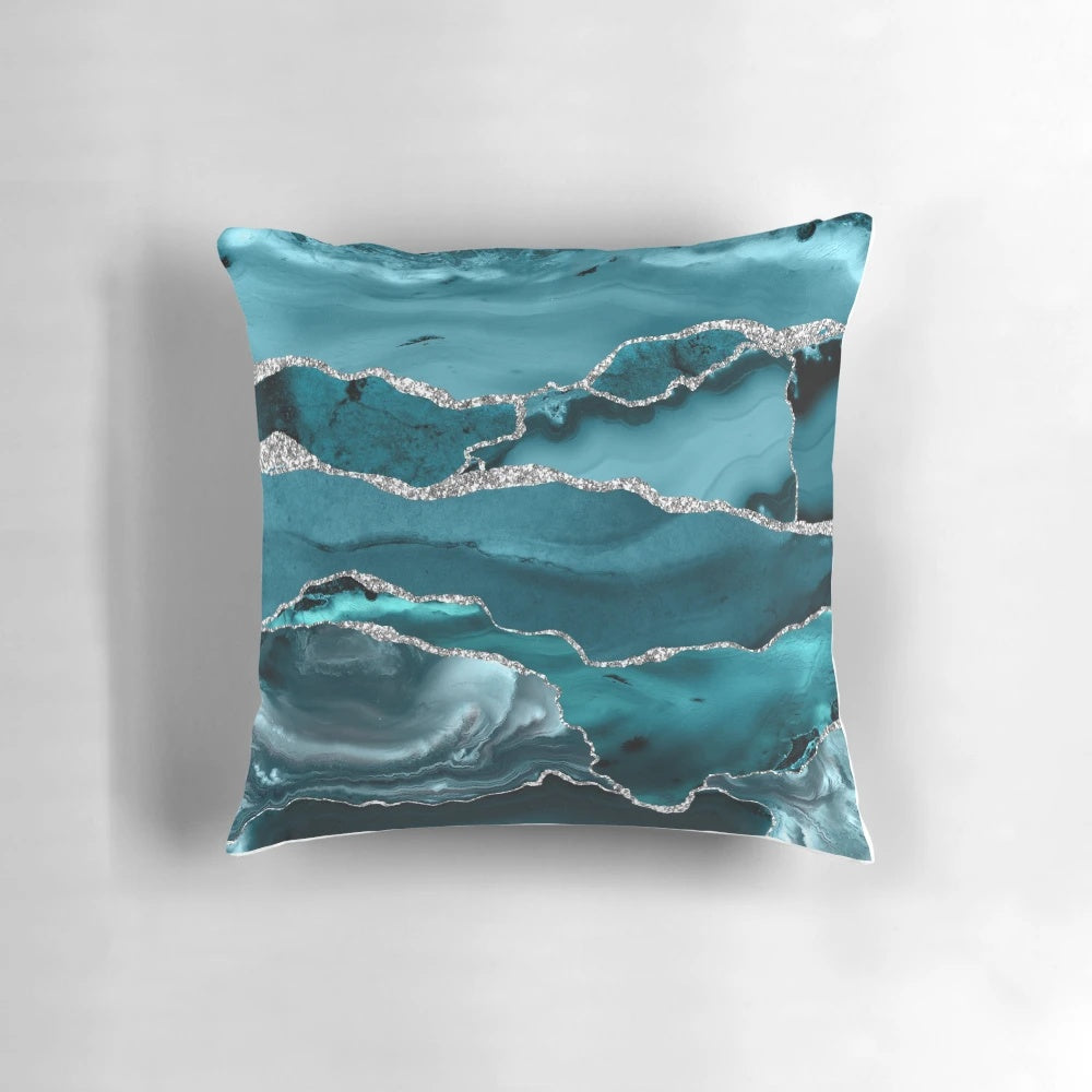 Turquoise and blue faux marble textured decorative throw pillow for modern, minimalist home decor