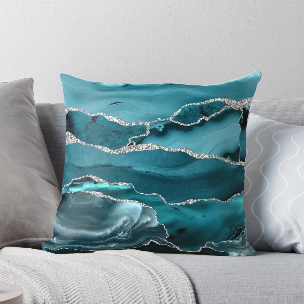 Turquoise and blue faux marble textured decorative throw pillow for modern, minimalist home decor