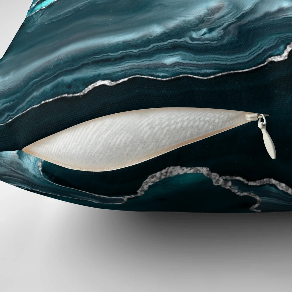 Turquoise and blue faux marble textured decorative throw pillow for modern, minimalist home decor