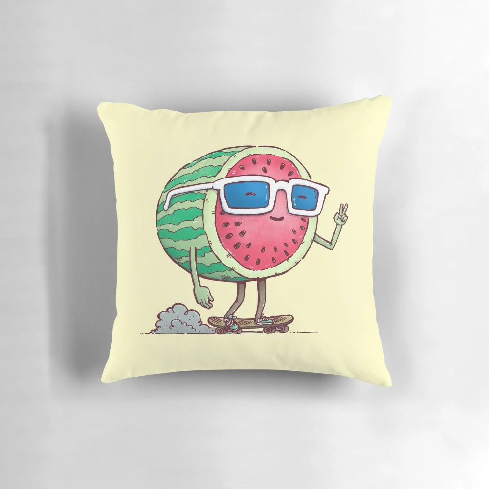 Vibrant watermelon-themed pillow with a skater design, perfect for adding a fun, summer touch to any room.