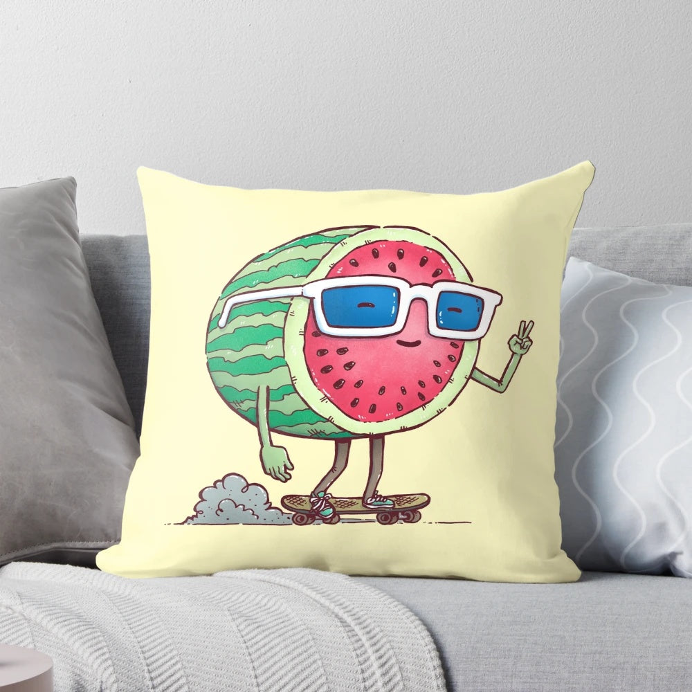Vibrant watermelon-themed pillow with a skater design, perfect for adding a fun, summer touch to any room.