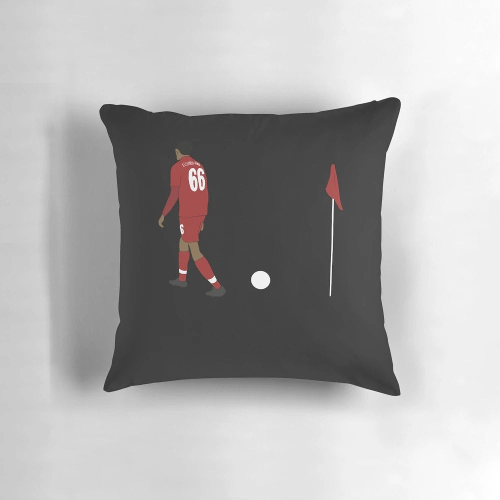 Trent Alexander-Arnold's Corner Taken Quickly Pillow, a football/soccer-themed decorative pillow featuring the iconic Liverpool FC moment.