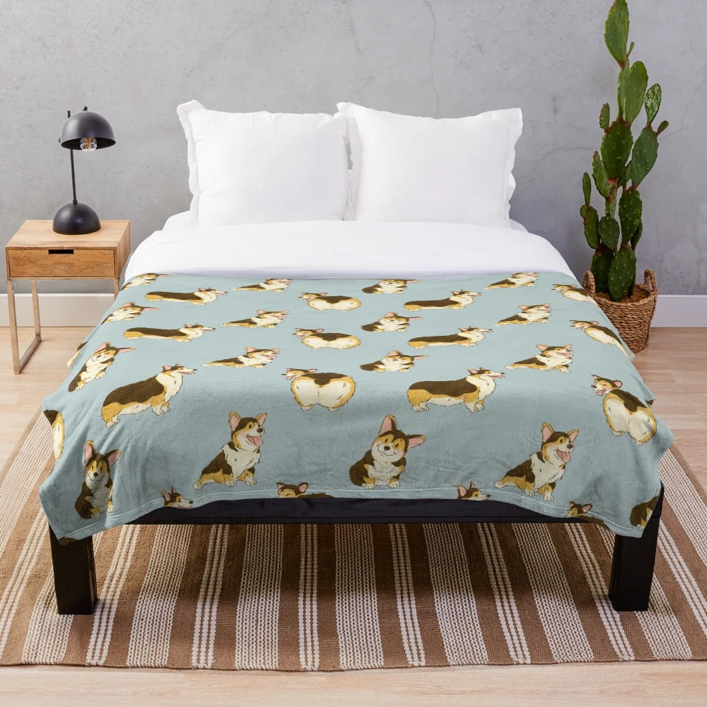 Tri-color corgi dog plush blanket