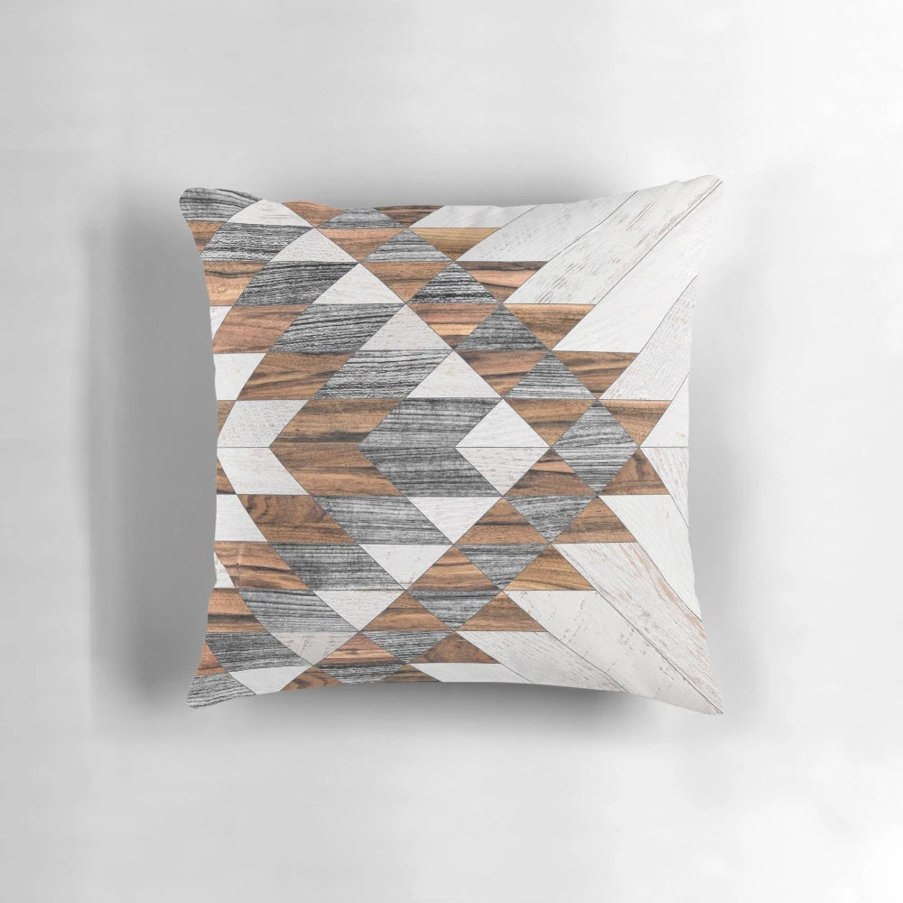 Handcrafted tribal-inspired abstract pattern wooden throw pillow for modern boho home decor