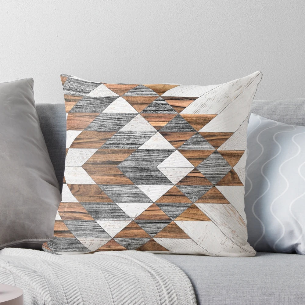 Handcrafted tribal-inspired abstract pattern wooden throw pillow for modern boho home decor