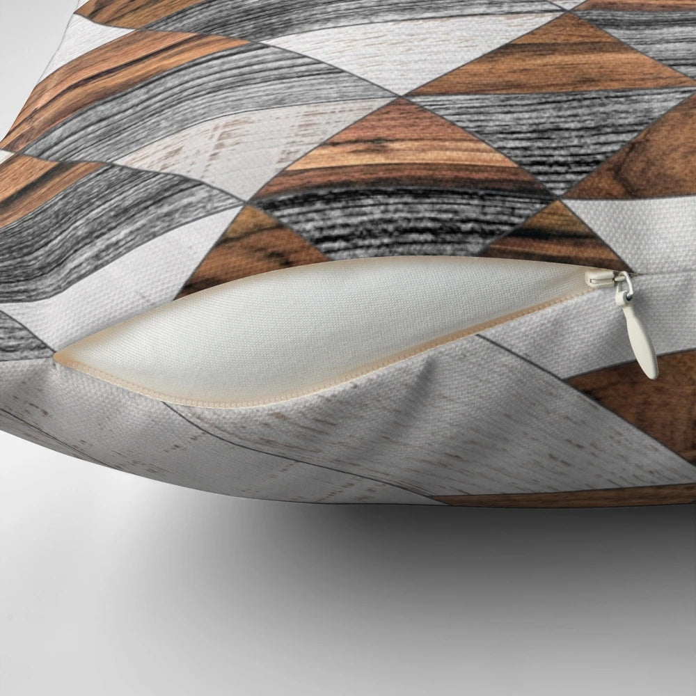 Handcrafted tribal-inspired abstract pattern wooden throw pillow for modern boho home decor