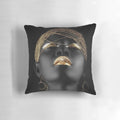 Decorative pillow featuring an abstract portrait of a tribal African woman with jewelry and gold accents.
