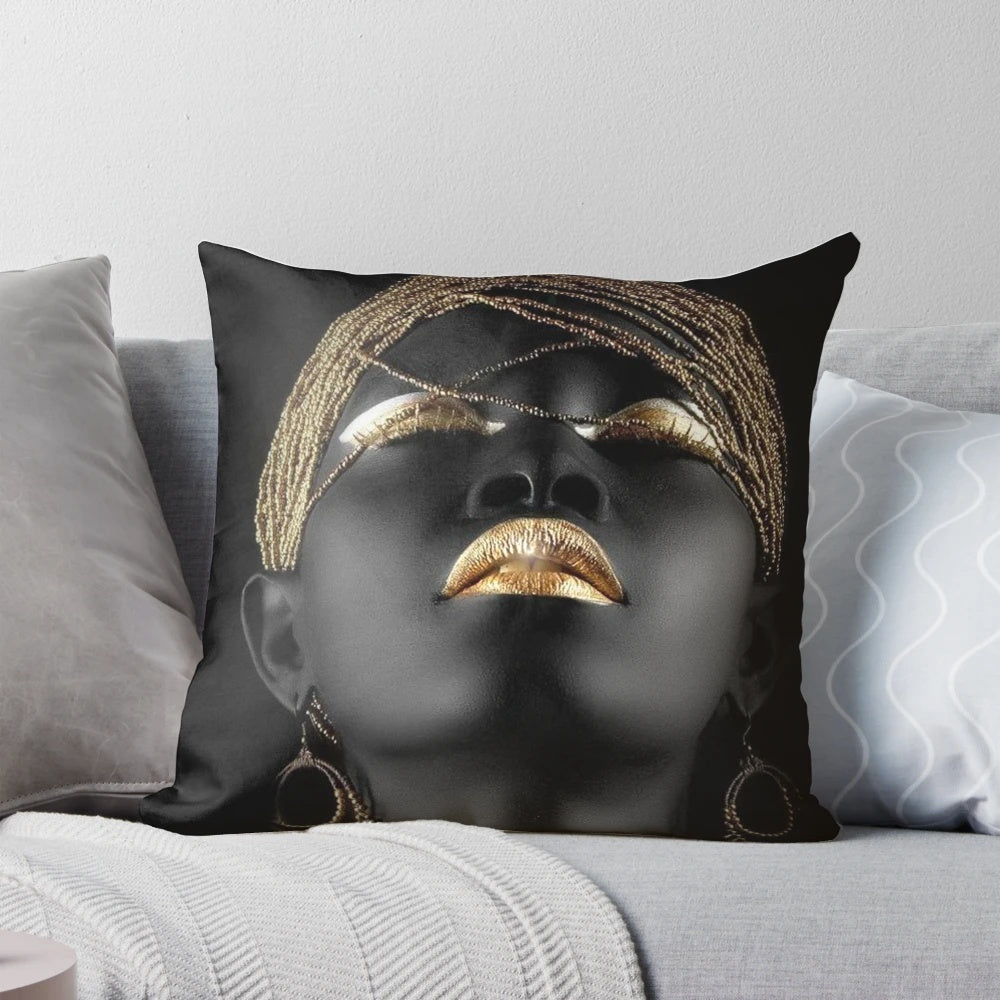 Decorative pillow featuring an abstract portrait of a tribal African woman with jewelry and gold accents.