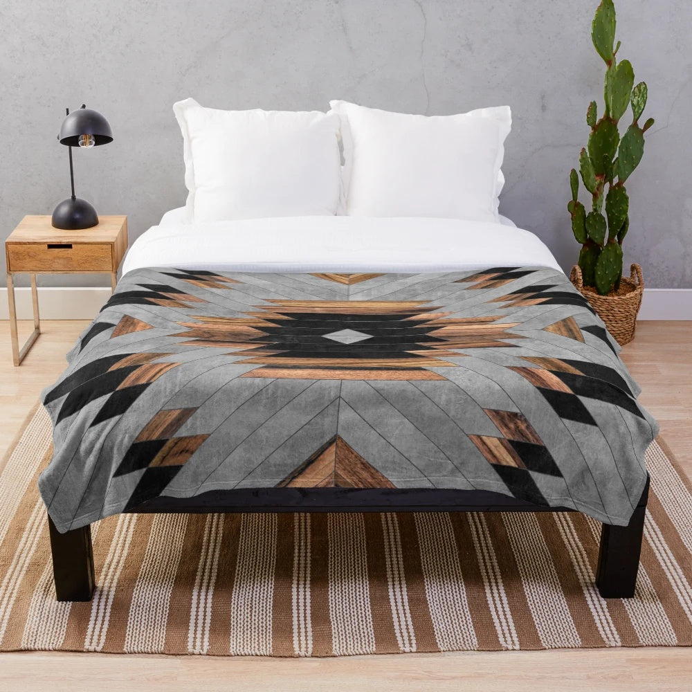 Tribal Aztec pattern plush blanket with wood and concrete design