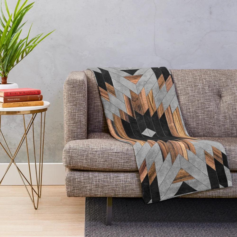 Tribal Aztec pattern plush blanket with wood and concrete design