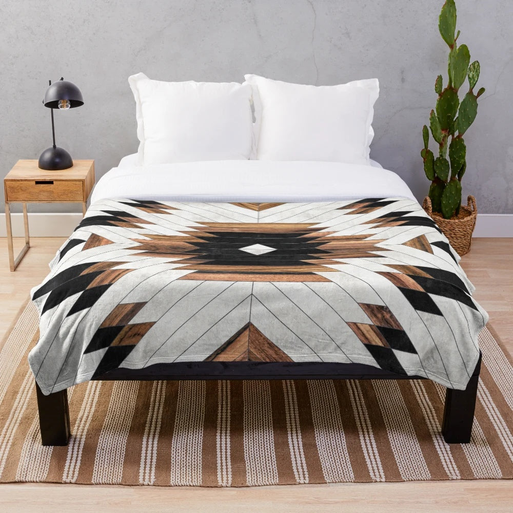 Cozy tribal pattern plush blanket with abstract wood and concrete design
