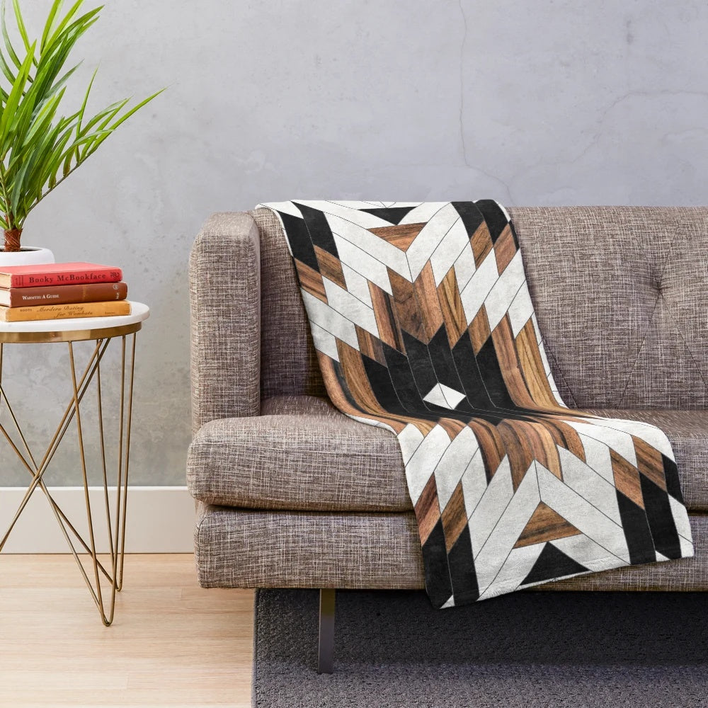 Cozy tribal pattern plush blanket with abstract wood and concrete design