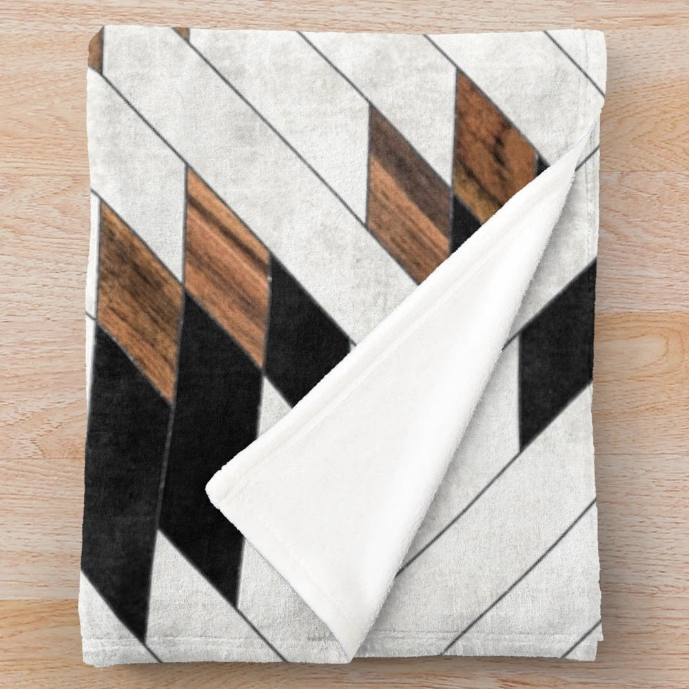 Cozy tribal pattern plush blanket with abstract wood and concrete design