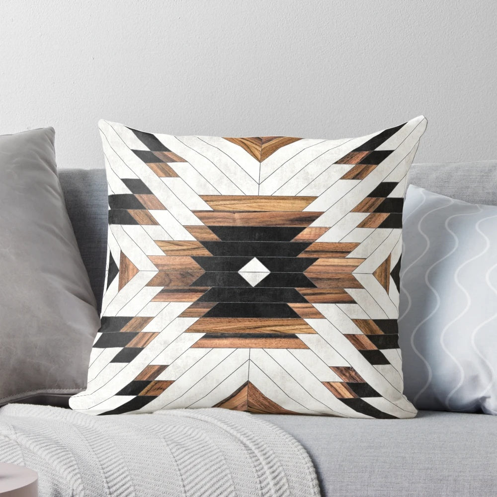 Tribal, boho, modern wood pillow with an urban tribal pattern design