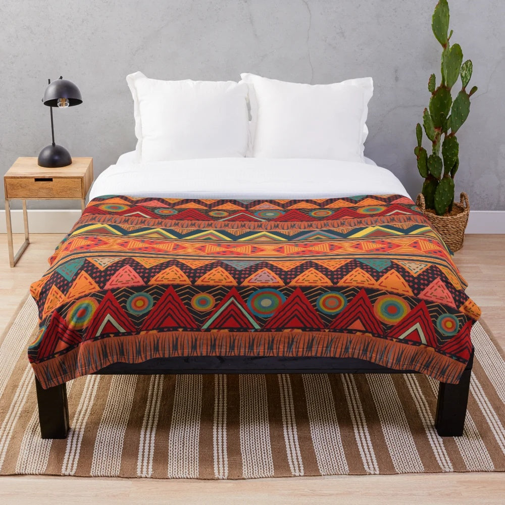 Tribal Ethnic Plush Blanket with Geometric and Abstract Patterns