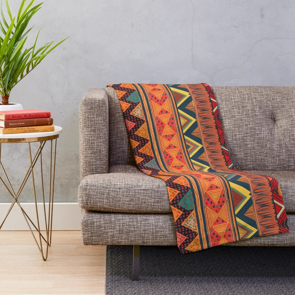 Tribal Ethnic Plush Blanket with Geometric and Abstract Patterns