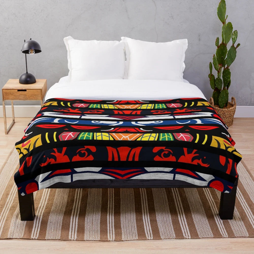 Tribal-inspired plush blanket with Chicago sports team colors and tribal textures