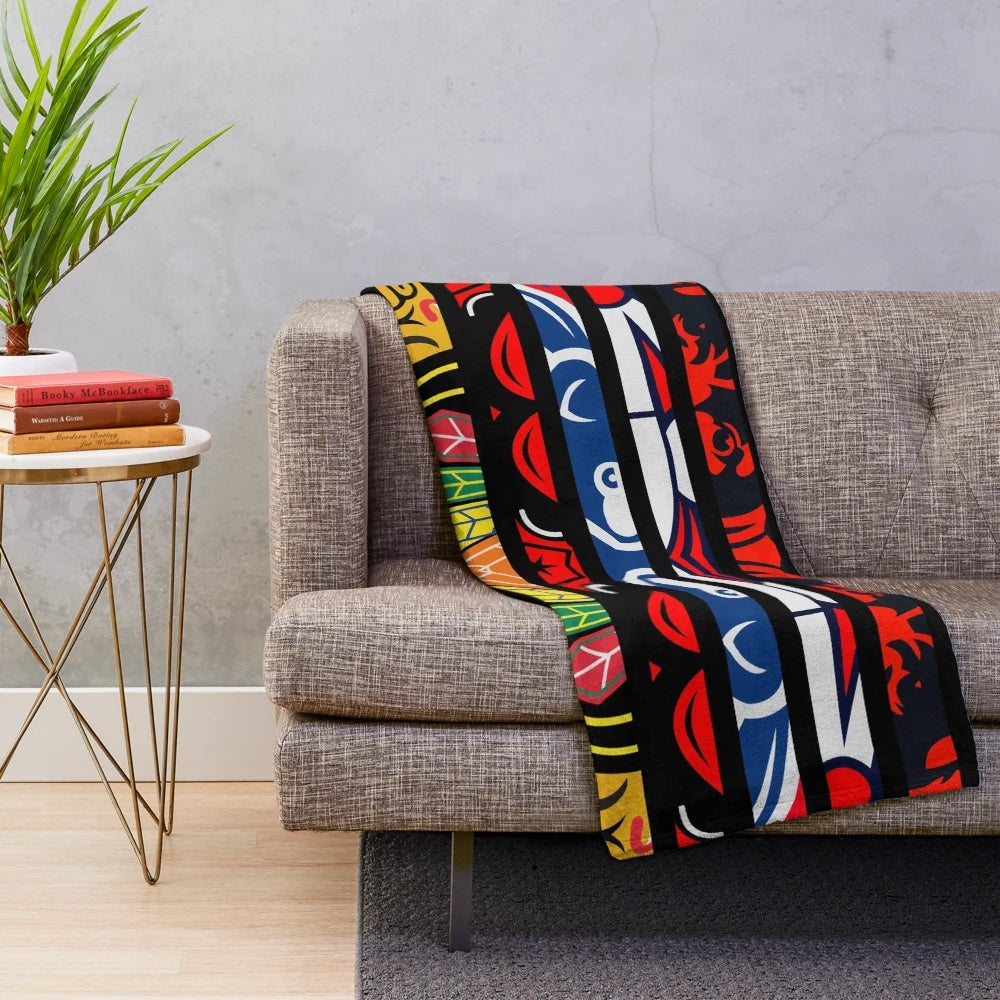 Tribal-inspired plush blanket with Chicago sports team colors and tribal textures