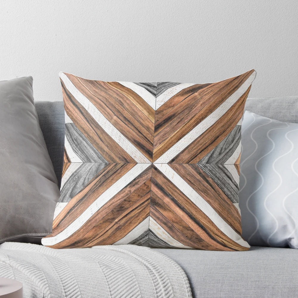 Tribal pattern wood pillow with a modern graphic design, perfect for boho-style decor.