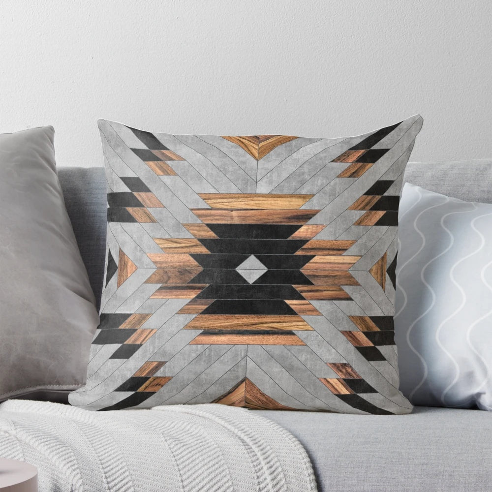 Tribal-inspired geometric pattern pillow with a mix of concrete and wood elements